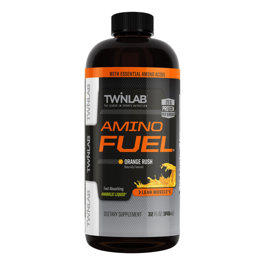 Twinlab Amino Fuel bottle front displays orange rush energy formula for pre- and post-workout use.