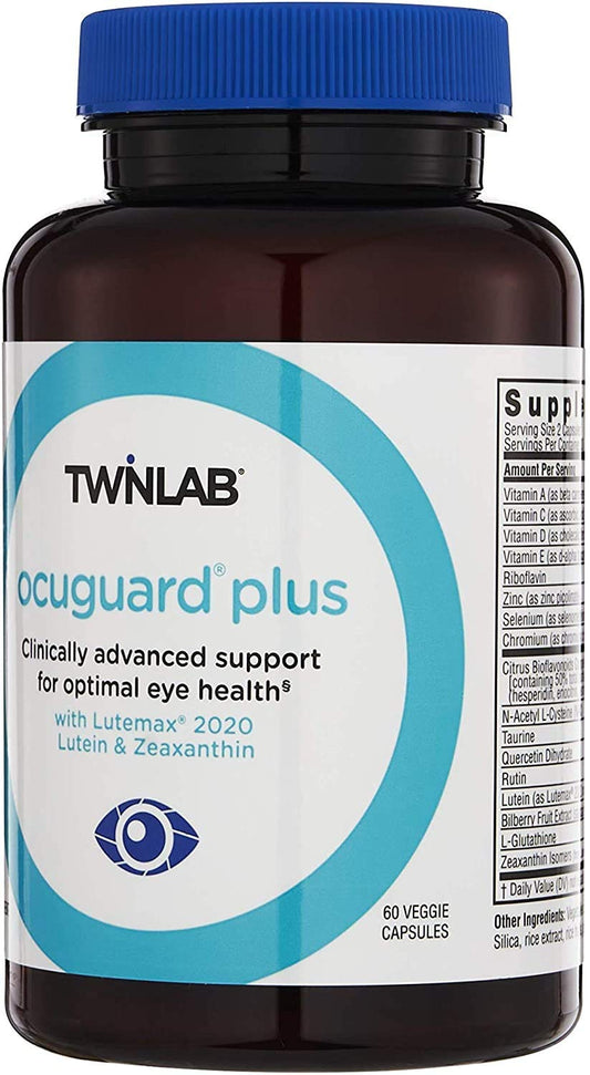 Twinlab Ocuguard Plus capsules close-up highlighting zinc and vitamin blend.