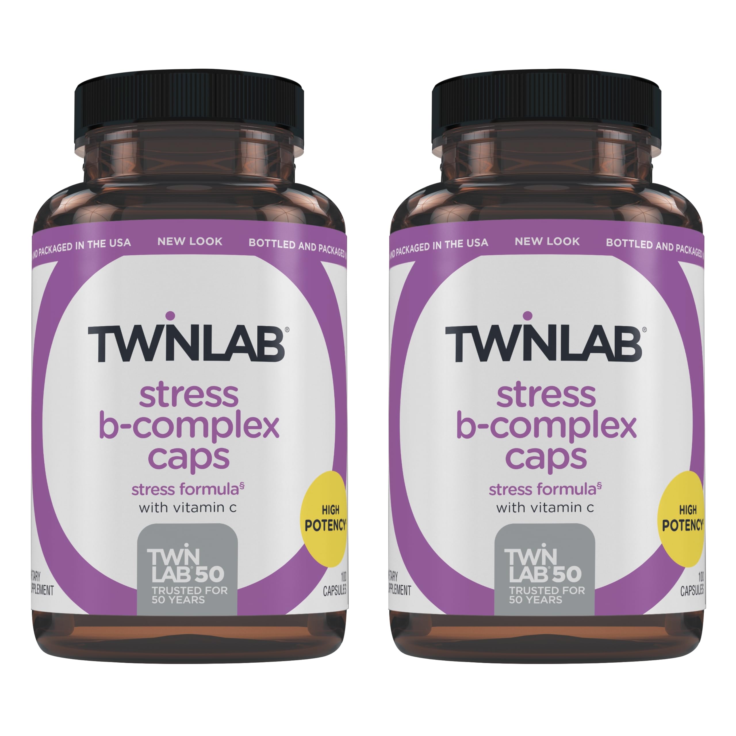 Twinlab Stress B-Complex bottle close-up showing daily energy support use.