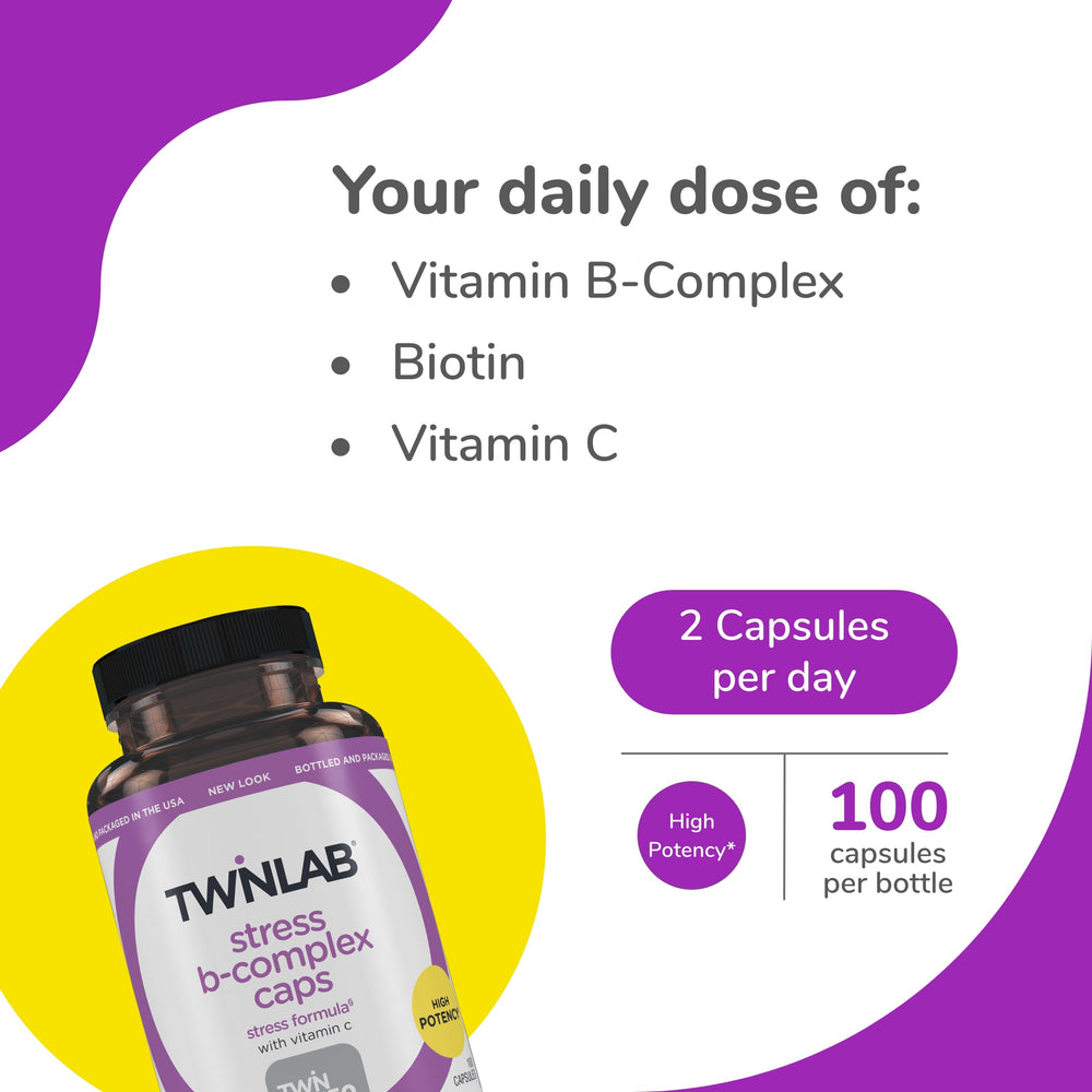 Twinlab Stress B-Complex capsules arranged for daily dose with meals.