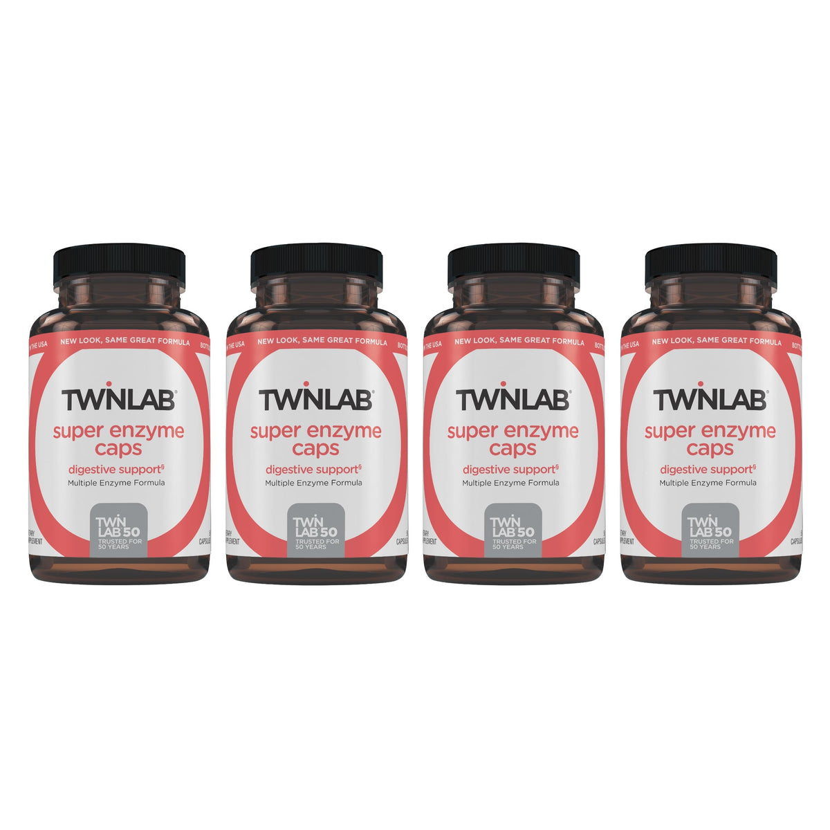 Twinlab Super Enzyme Caps bottle on kitchen counter for digestive support after meals