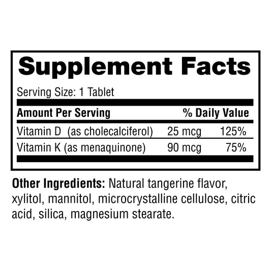 Label close-up of Twinlab D3 + K2 Dots highlighting calcium absorption