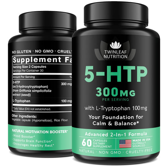 Twinleaf Nutrition 5-HTP bottle front highlighting vegan mood-support capsules.