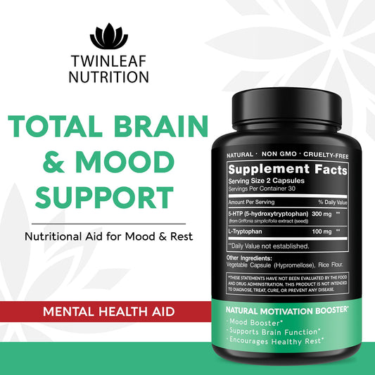 Twinleaf Nutrition 5-HTP capsules close-up for calm focus support.