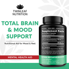 Twinleaf Nutrition 5-HTP capsules close-up for calm focus support.