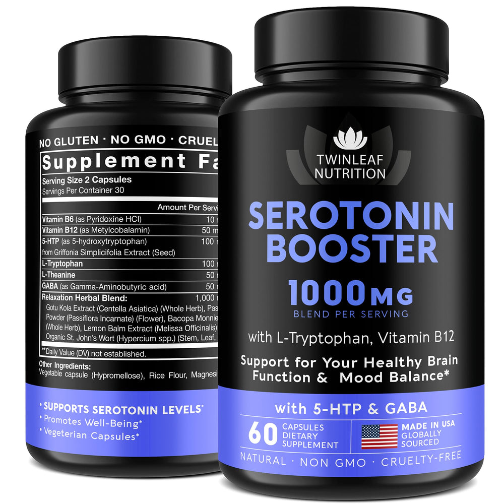 Twinleaf Serotonin Booster bottle shows capsules for daily mood support