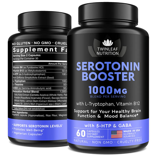Twinleaf Serotonin Booster bottle shows capsules for daily mood support