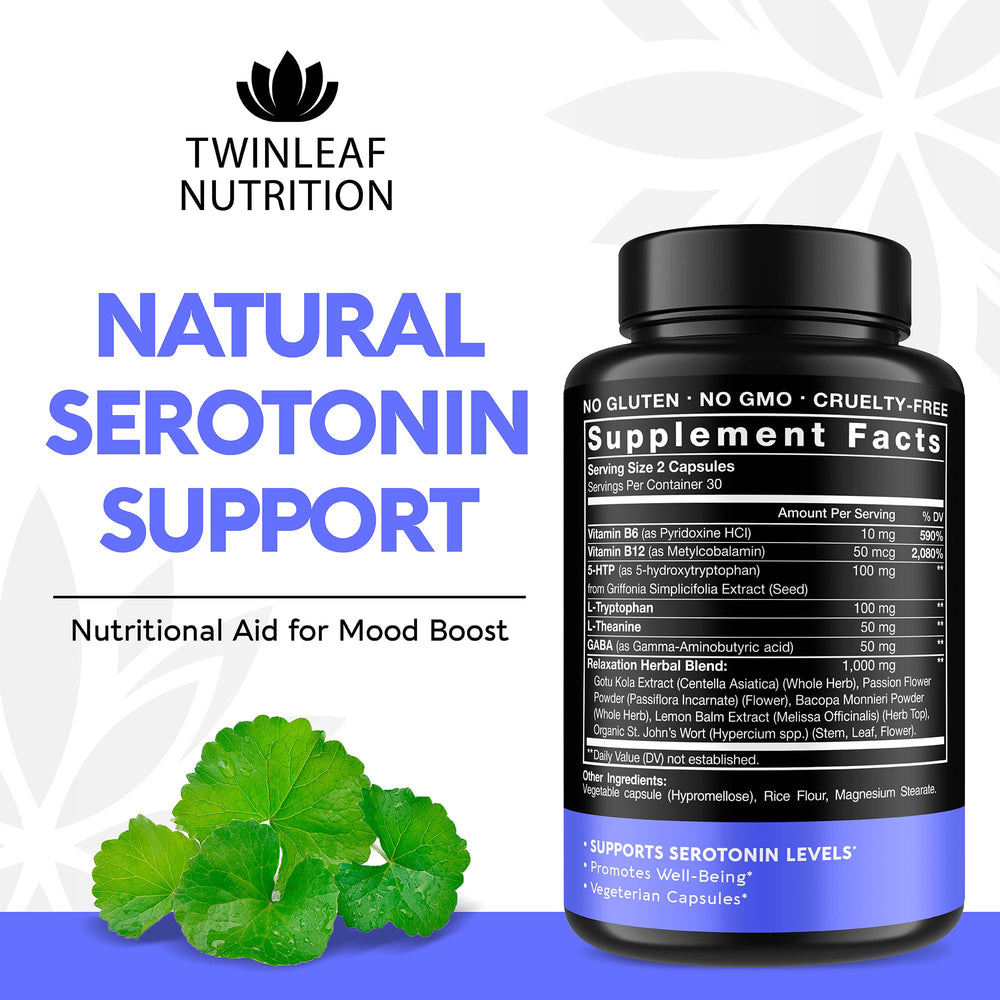Twinleaf Serotonin Booster capsules closeup for steady energy and calm focus