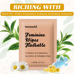 twoworld feminine wipes chamomile formula provides gentle cleansing.