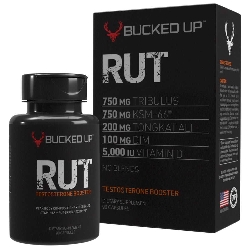 TyeinGo Bucked Up RUT bottle front view highlighting natural testosterone support and convenience