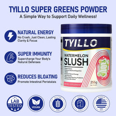 Tyillo greens with chlorella and spirulina for gut-friendly nutrition.