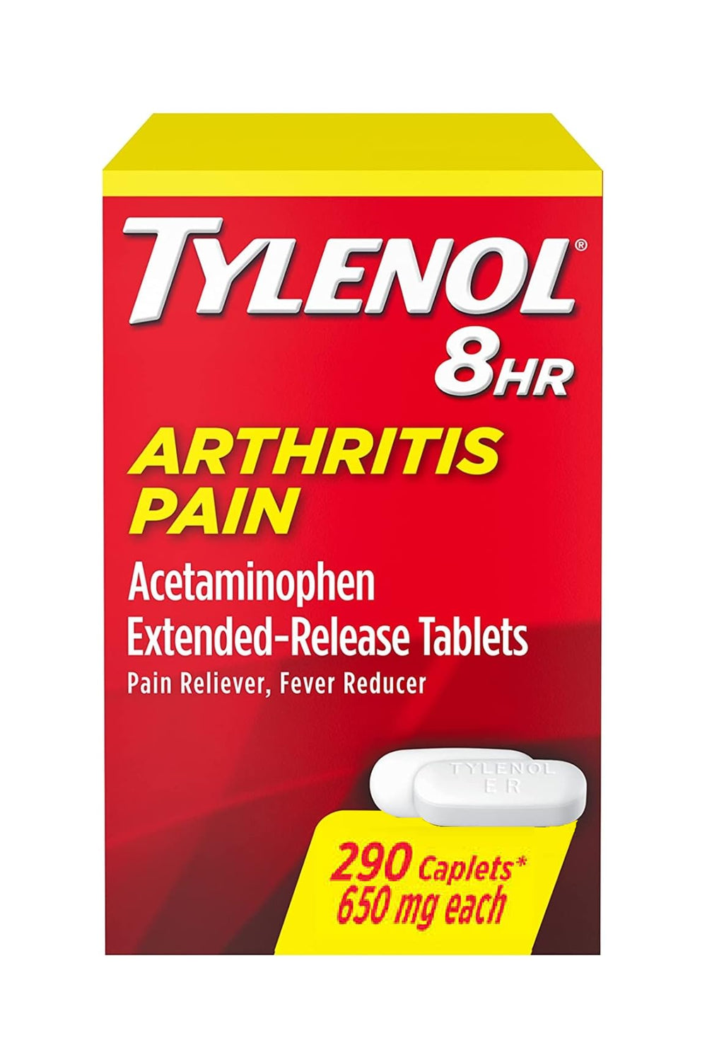 Tylenol Arthritis Pain label highlights acetaminophen content on the bottle for informed use.