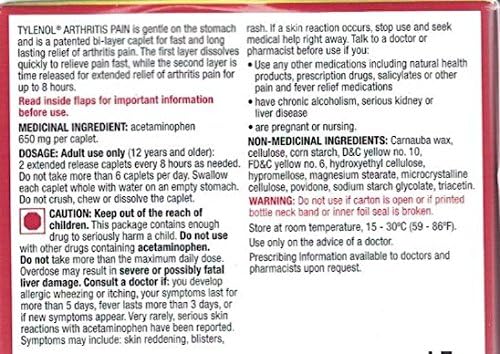 Tylenol Arthritis Pain label closeup emphasizing 650 mg per caplet and packaging