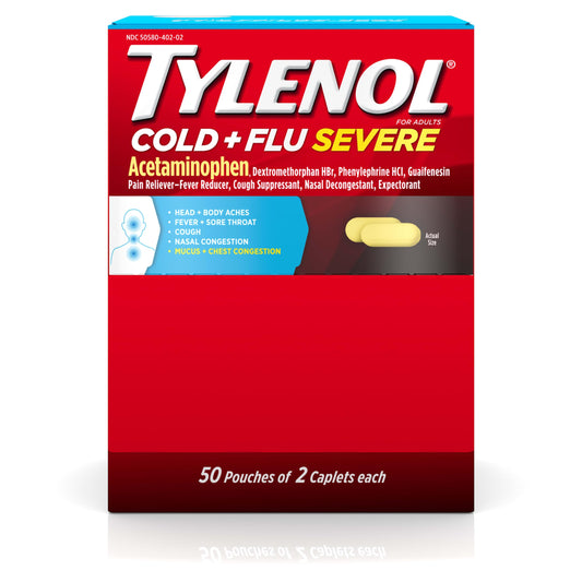 Tylenol Cold + Flu Severe caplets 2-count pouch front for multi-symptom relief.