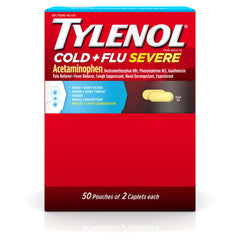 Tylenol Cold + Flu Severe caplets 2-count pouch front for multi-symptom relief.
