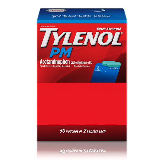 Tylenol PM Extra Strength dispenser box with 50 pouches for nighttime relief.