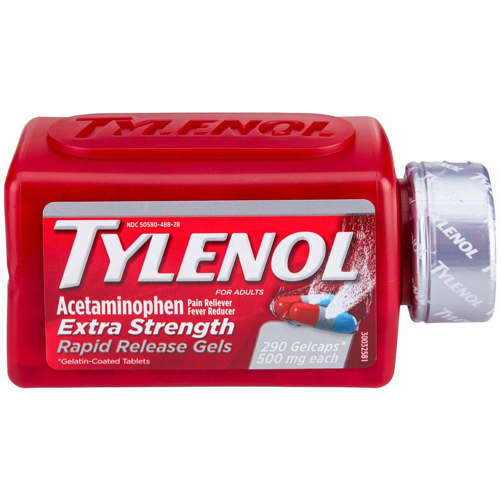 Tylenol Rapid Release Gels bottle with laser-drilled capsules for fast pain relief