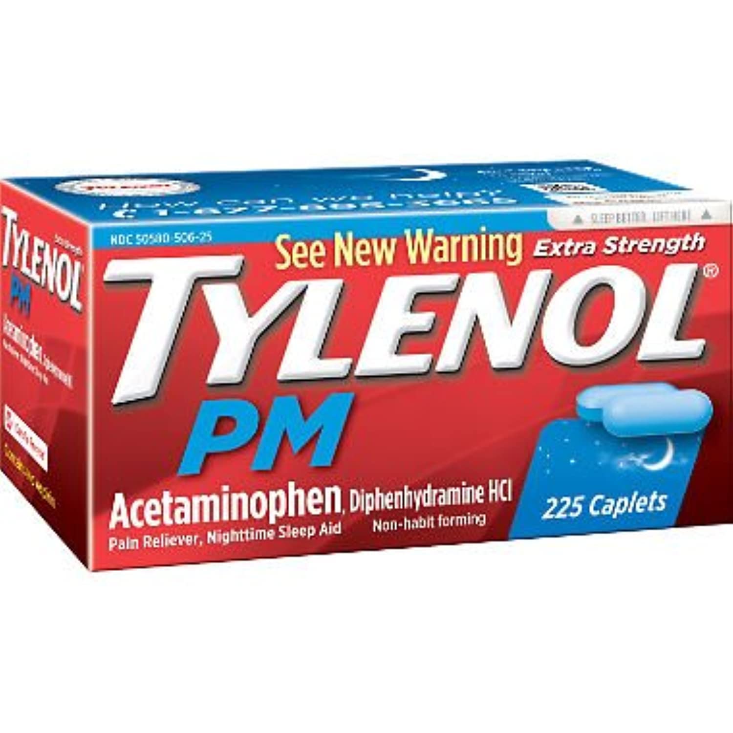Tylenol PM caplets bottle front with 225-count package for nighttime relief.