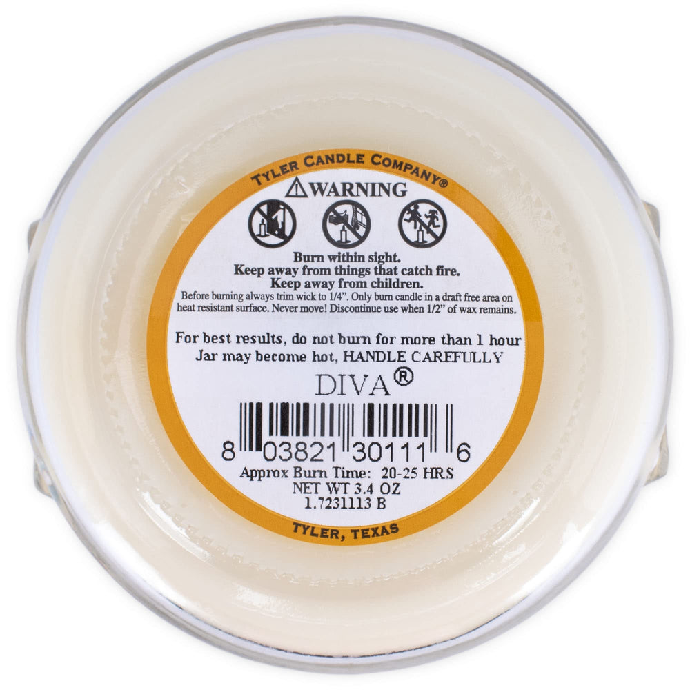 Tyler Creamy White jar candle wax and wick detail shows hand-poured quality.