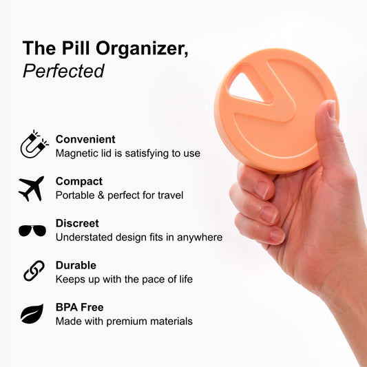 Travel RX peach interior compartments keep a week’s pills organized.