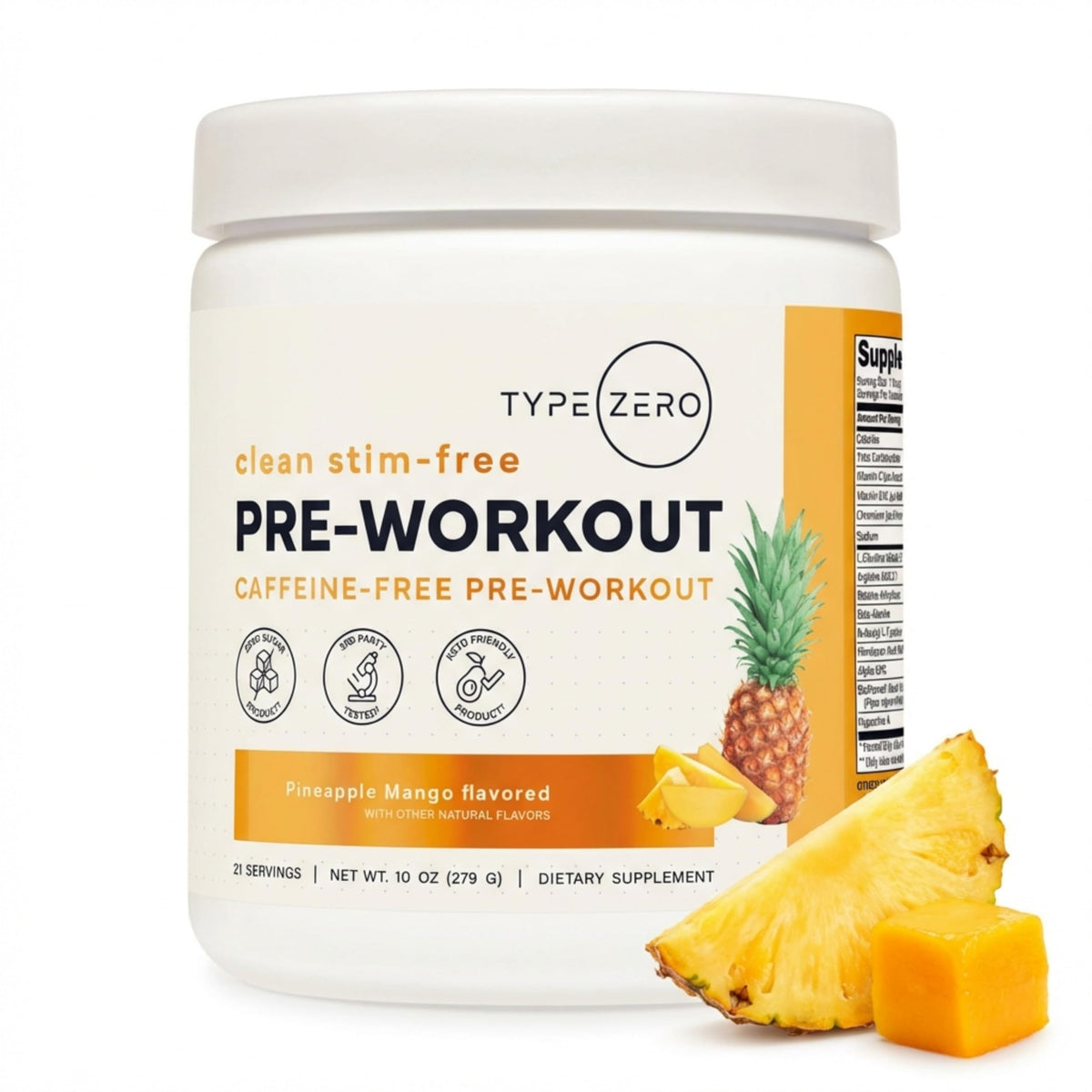 Type Zero bottle front displays clean stim-free formula ideal for late-day workouts.