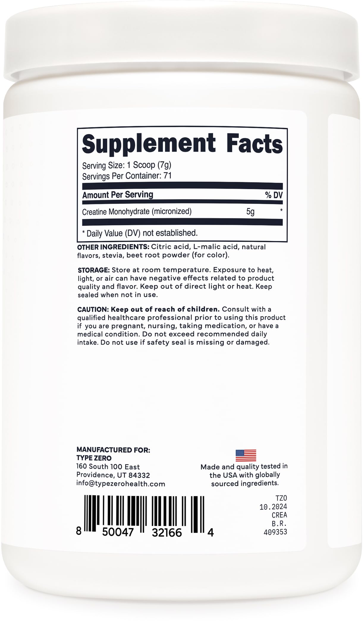 Type Zero Creatine Monohydrate GMP/NSF facility badge signals trusted production.