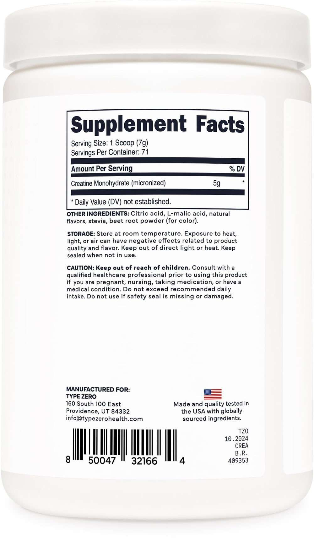 Type Zero Creatine Monohydrate GMP/NSF facility badge signals trusted production.