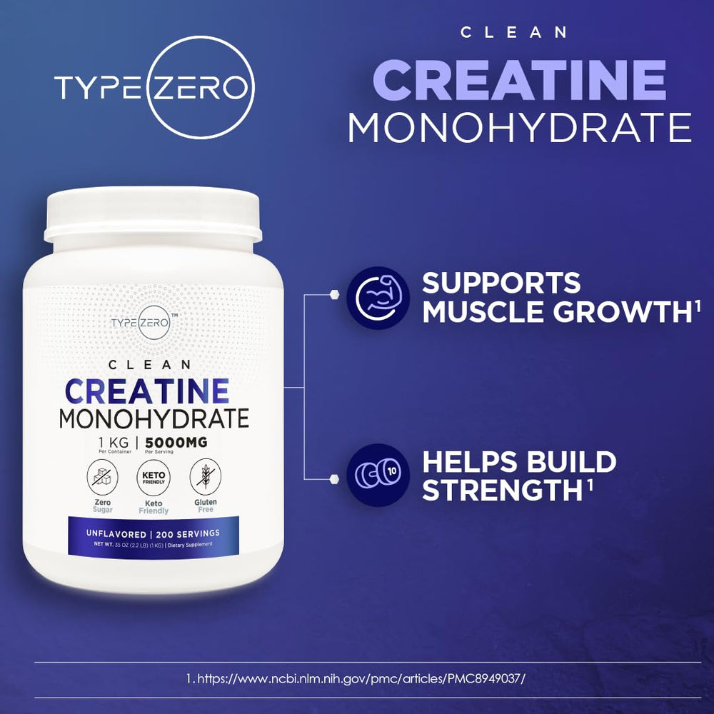 Type Zero Creatine Monohydrate label detail with specs and branding