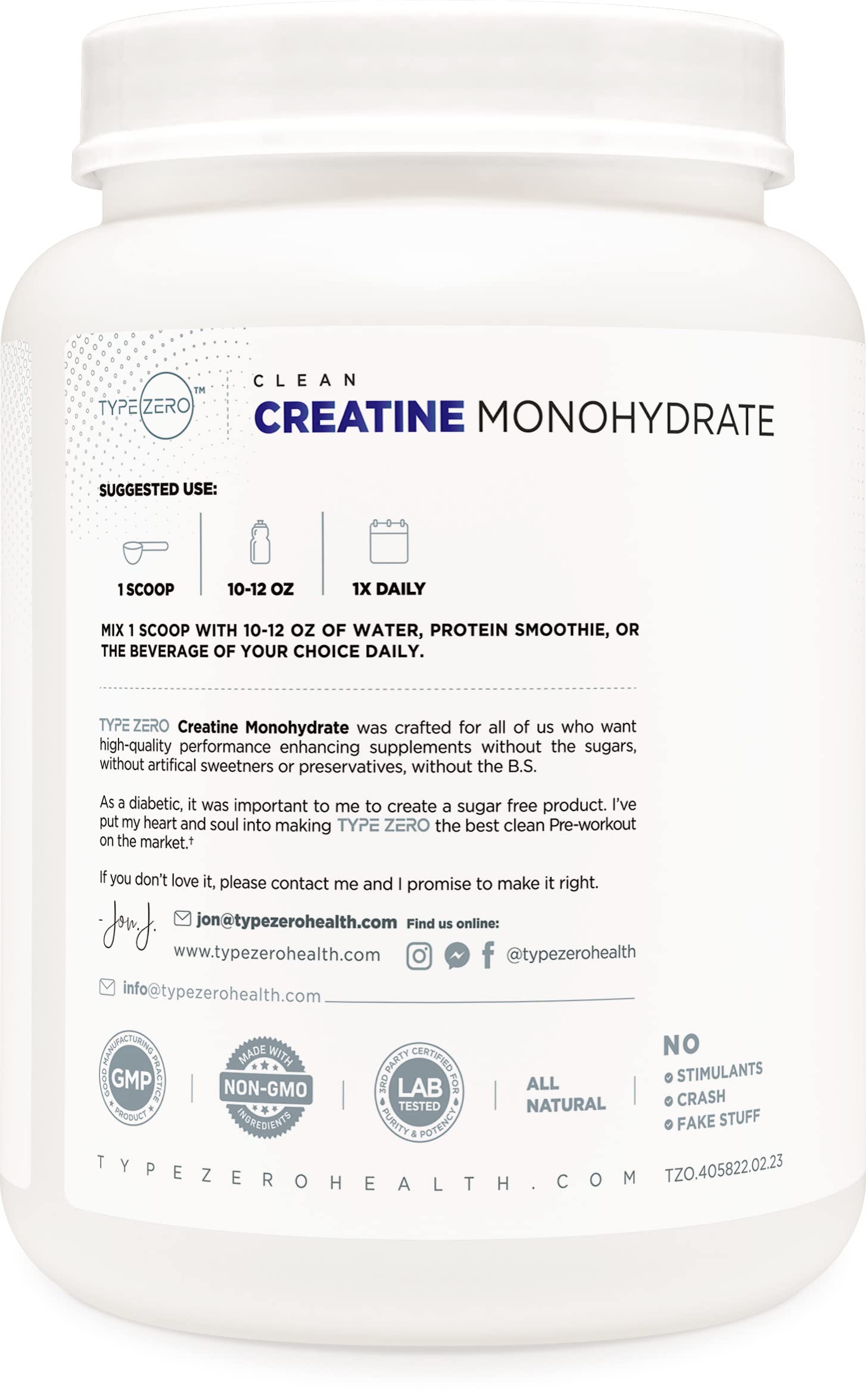 Type Zero Creatine Monohydrate scoop in bottle showing 5 g serving