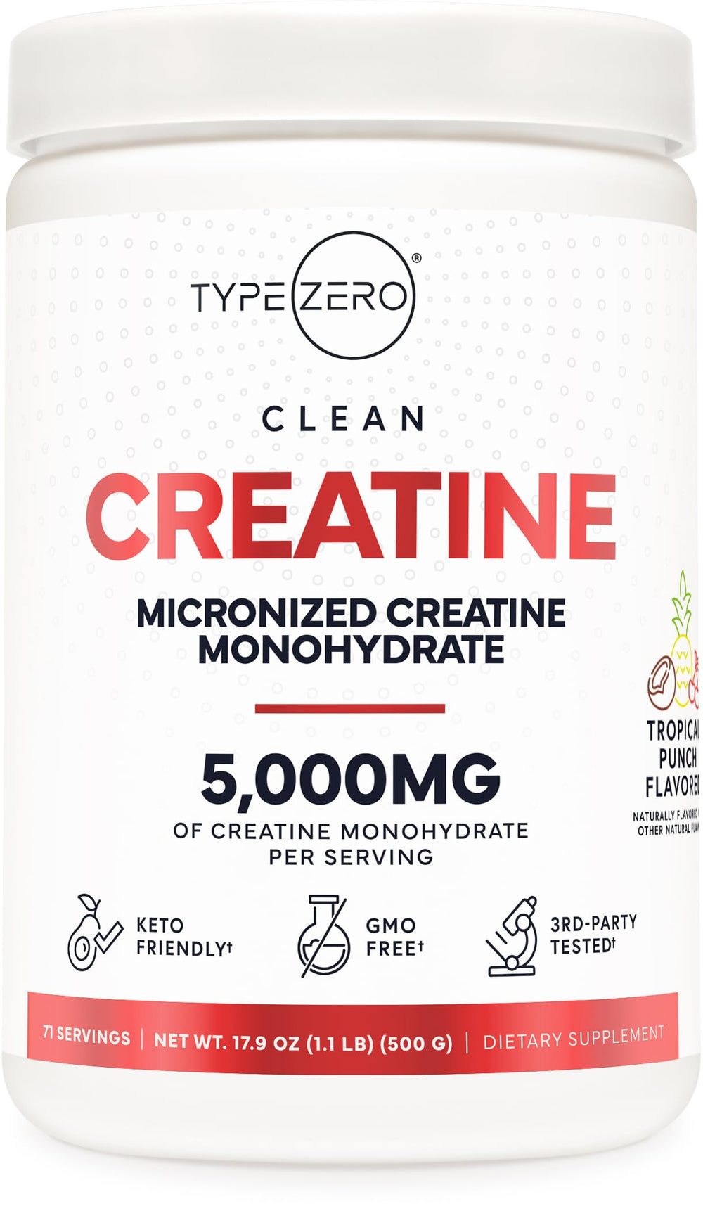 Type Zero Creatine Monohydrate Tropical Punch powder bottle ready for daily workouts.