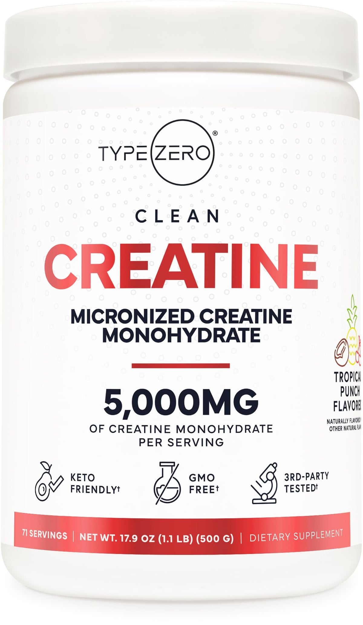 Type Zero Creatine Monohydrate Tropical Punch powder bottle ready for daily workouts.