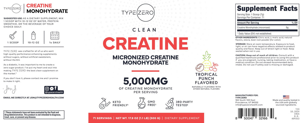 Type Zero Creatine Monohydrate Tropical Punch shake in glass after mixing.