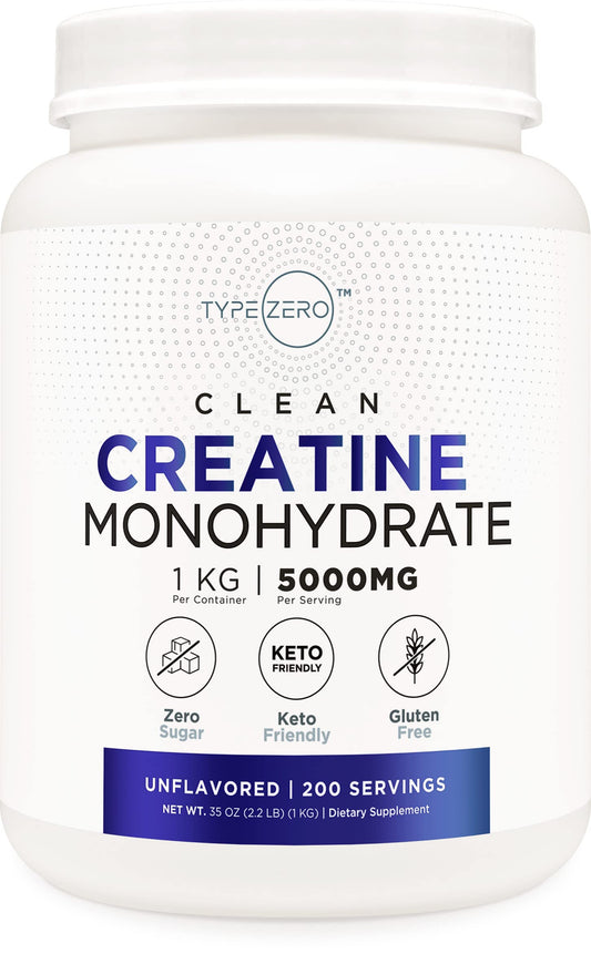 Type Zero Creatine Monohydrate unflavored bottle close-up for reliable training support