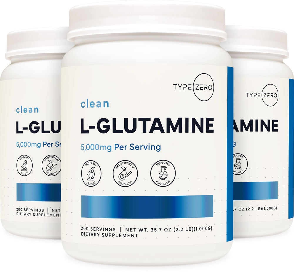 Type Zero L-Glutamine container emphasizes 200 servings and six-month supply.
