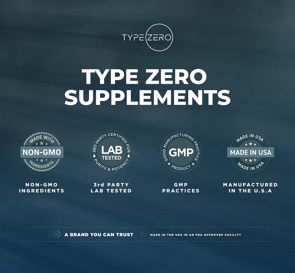 Type Zero L-Glutamine packaging on a clean kitchen setup.