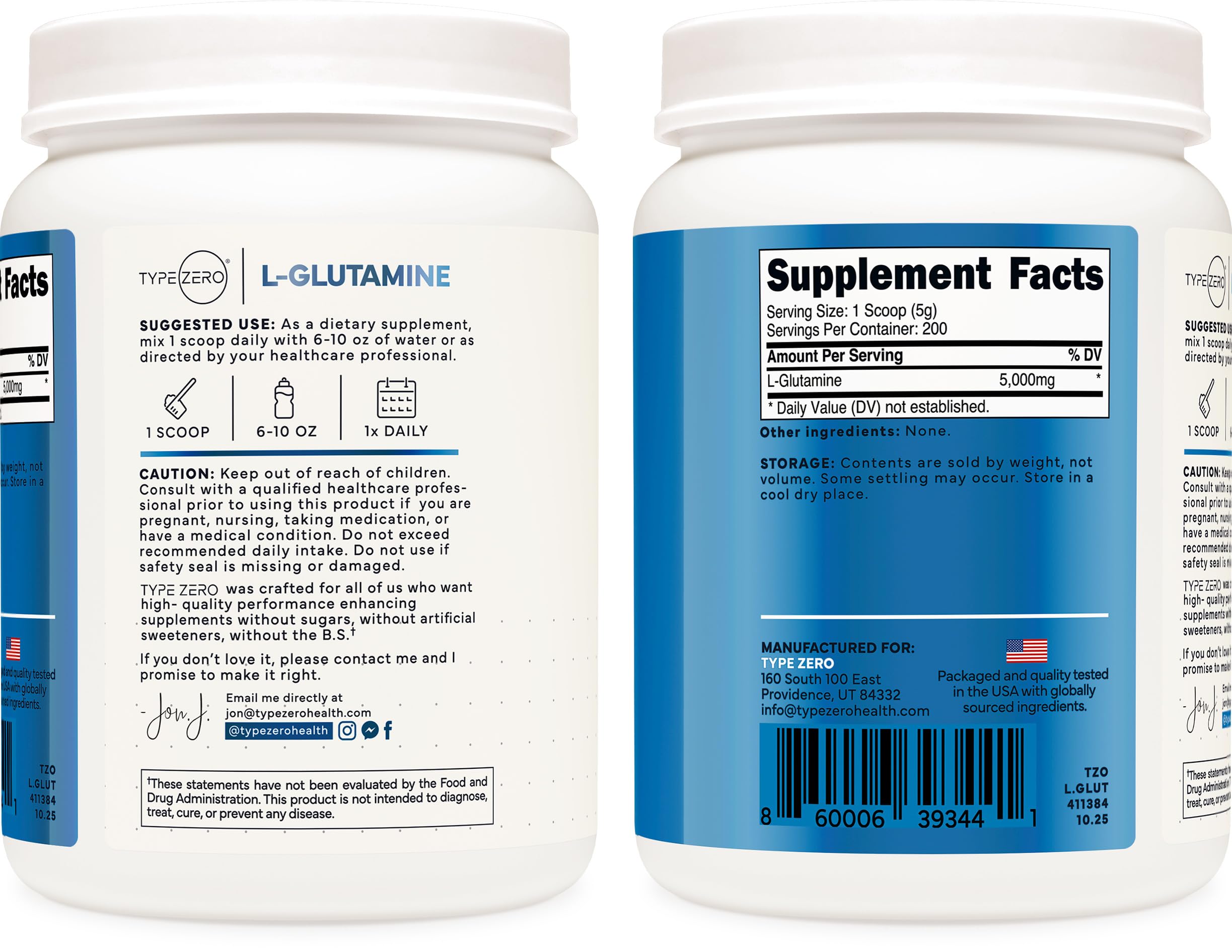 Type Zero L-Glutamine being poured into a glass for daily routine.