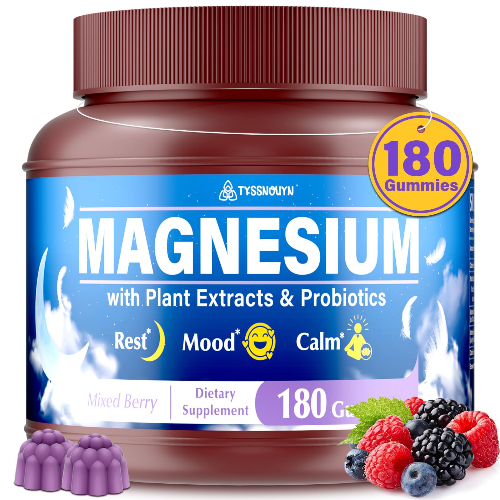 Tyssnouyn Magnesium Gummies bottle front showing sugar-free berry flavor for rest support