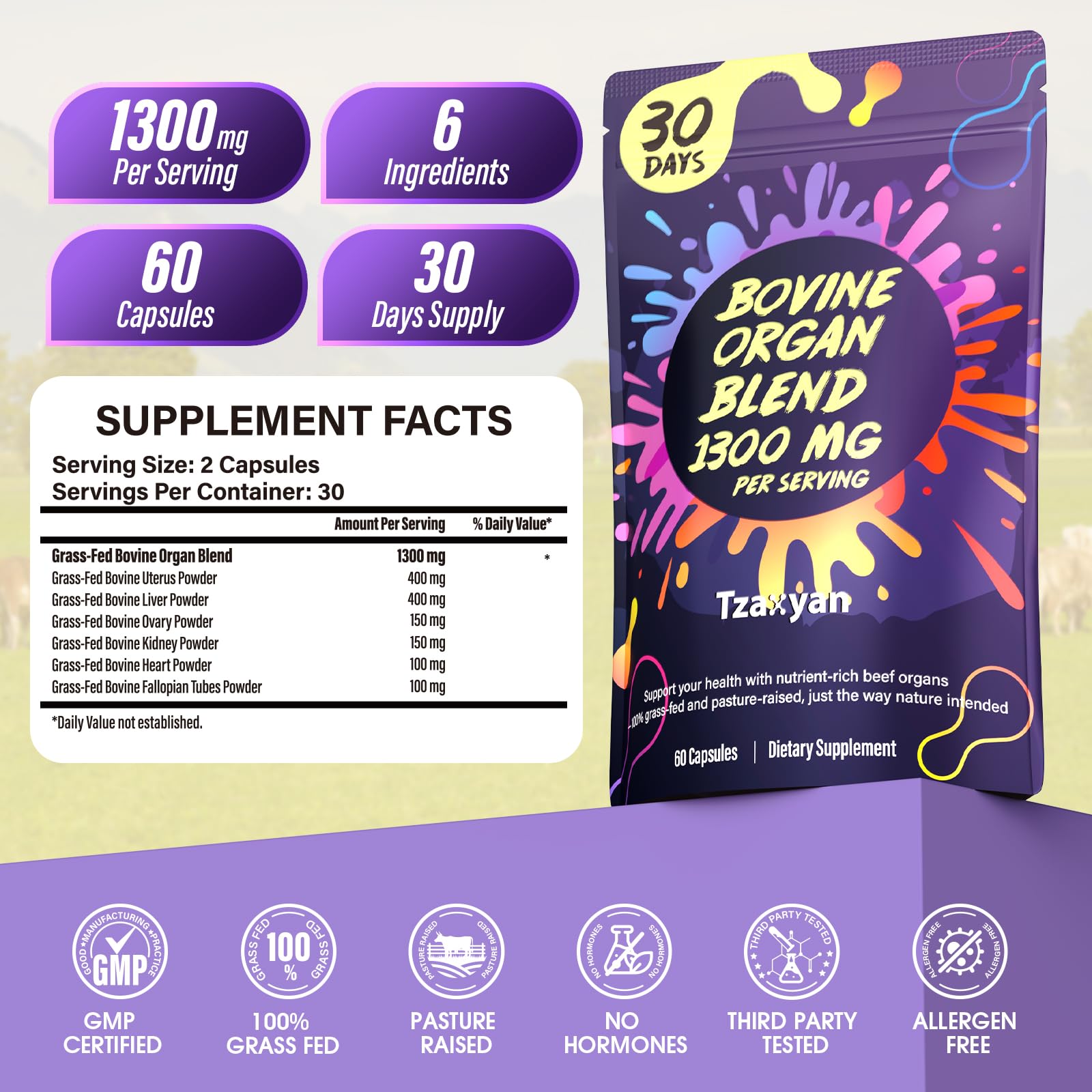 tzaxyan 1300mg beef organ supplement packaging for convenient daily use