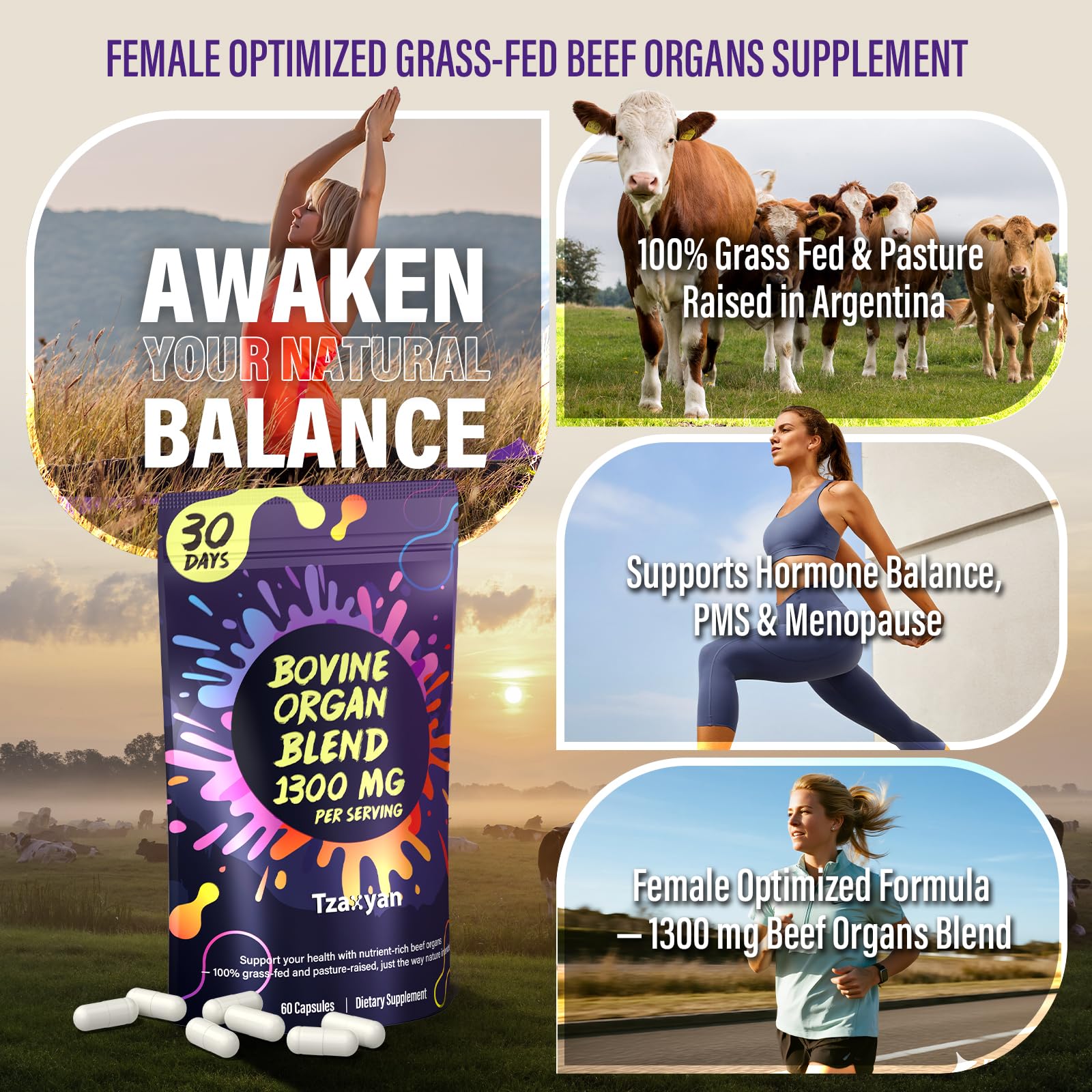 tzaxyan 1300mg beef organ supplement uterus capsules supporting hormonal balance