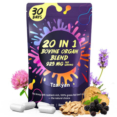 tzaxyan 20-in-1 beef organ supplement bottle showing multi-nutrient foundation for daily vitality