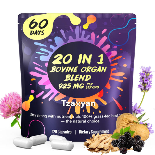 tzaxyan 20-in-1 beef organ supplement bottle with label showing hormone balance support