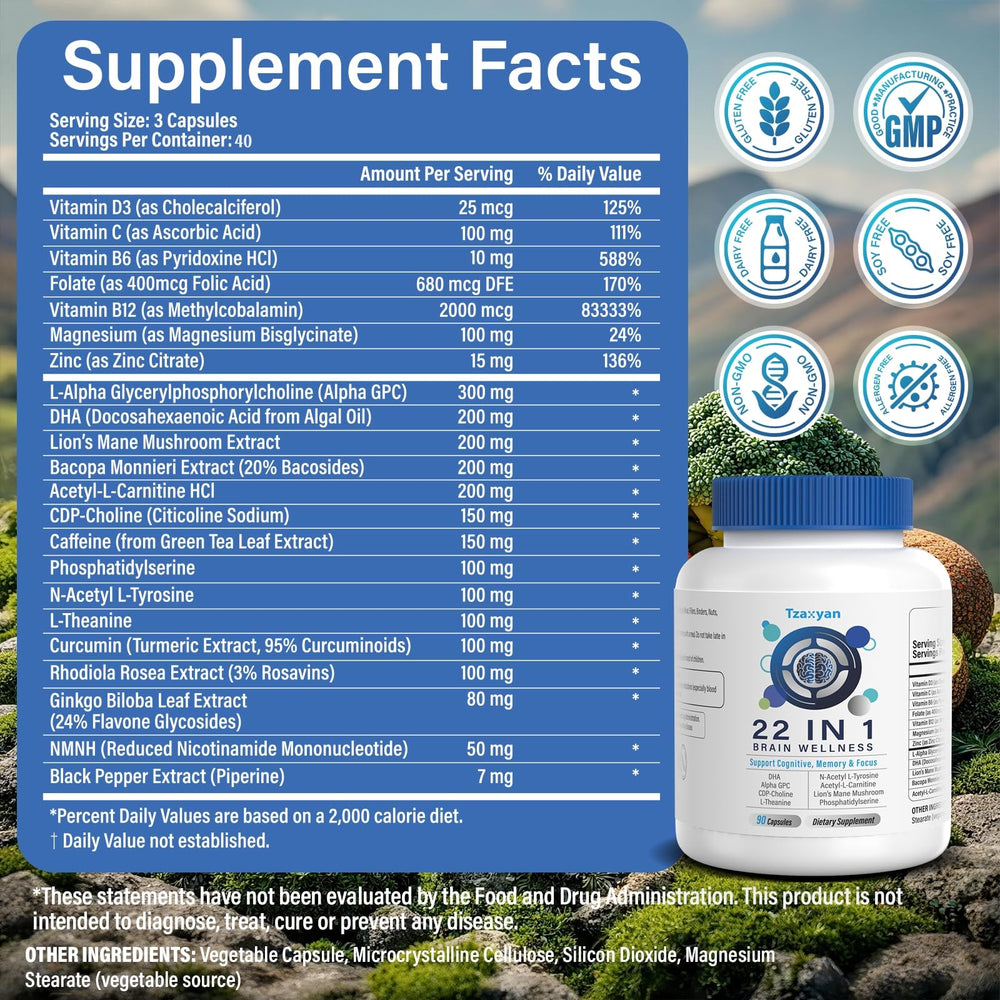 tzaxyan 22-in-1 brain health visual with herbal blend.
