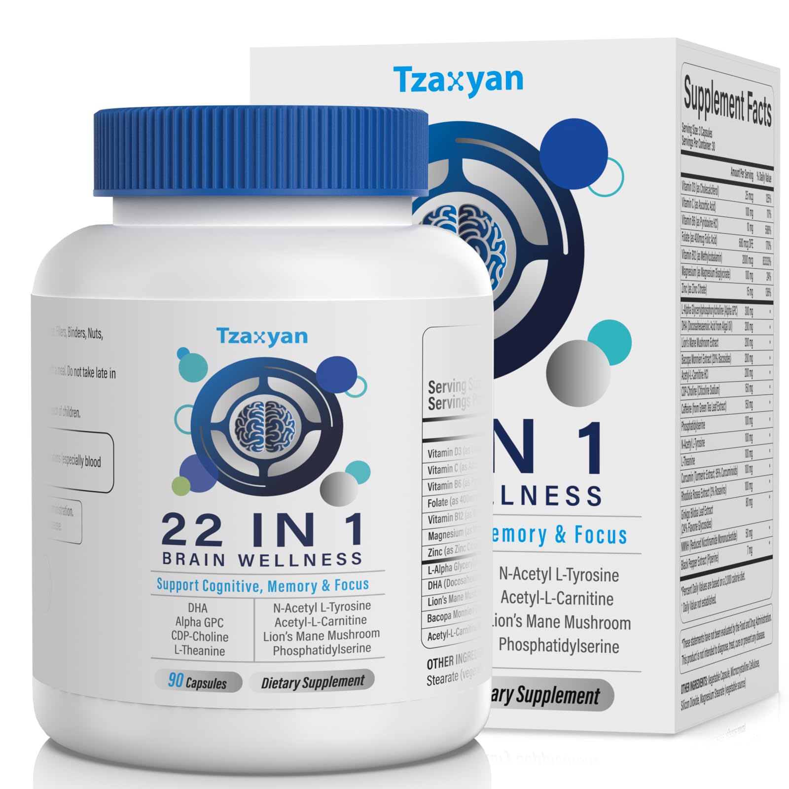tzaxyan brain supplements capsules closeup for daily memory and focus support