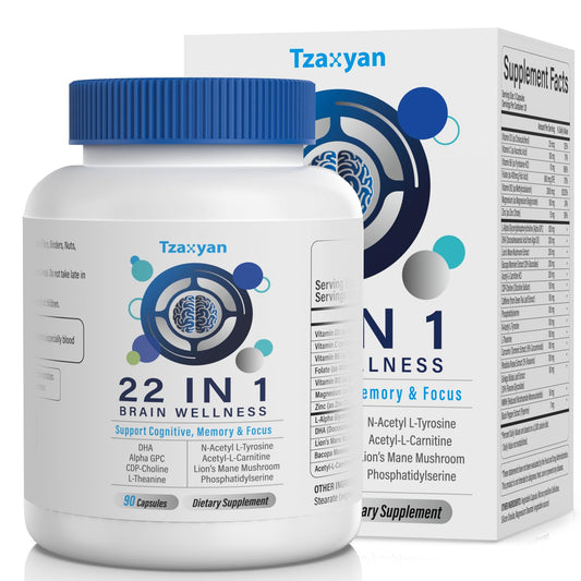 tzaxyan brain supplements capsules closeup for daily memory and focus support