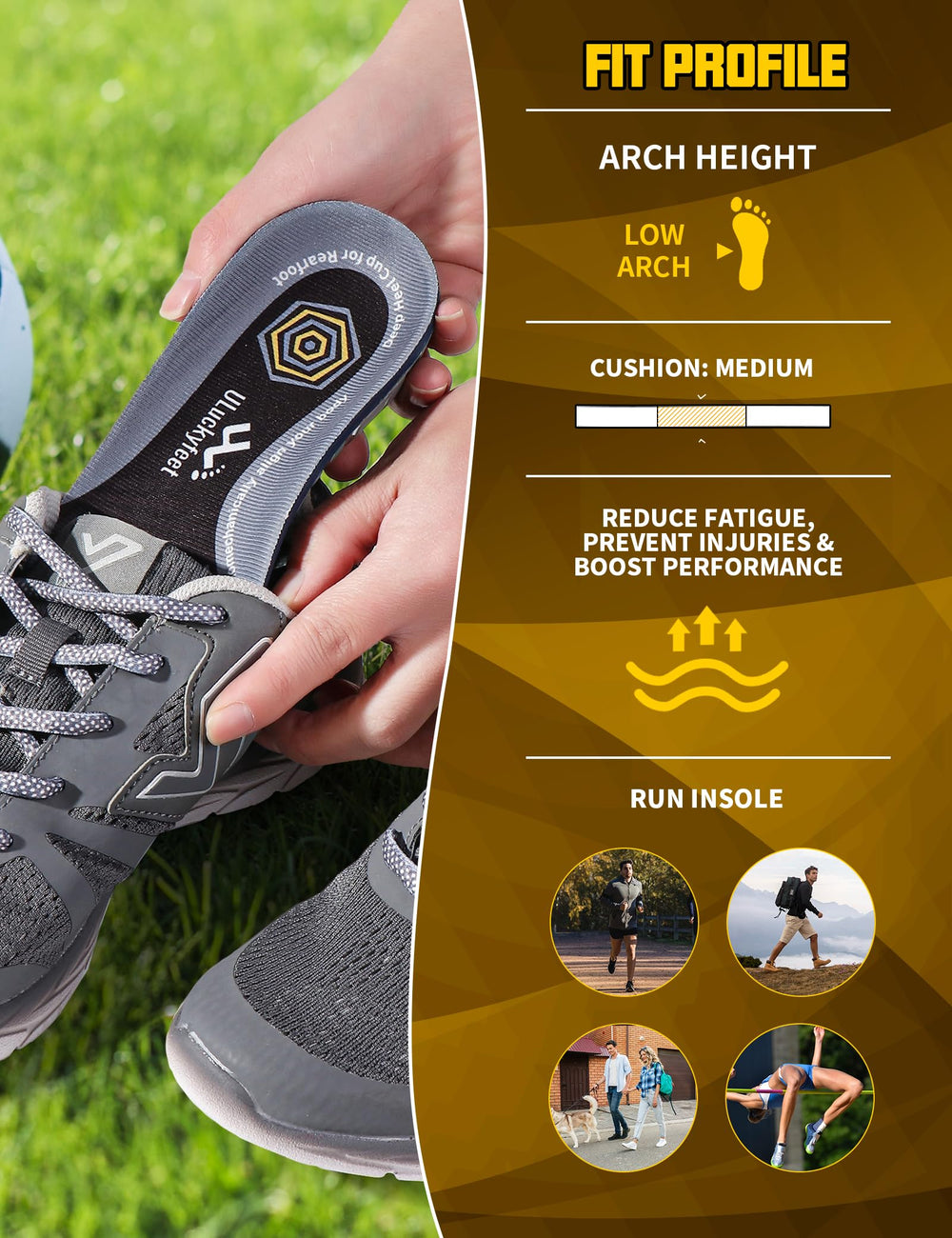 U1uckyfeet running insoles – heel stability side view supports steady strides.