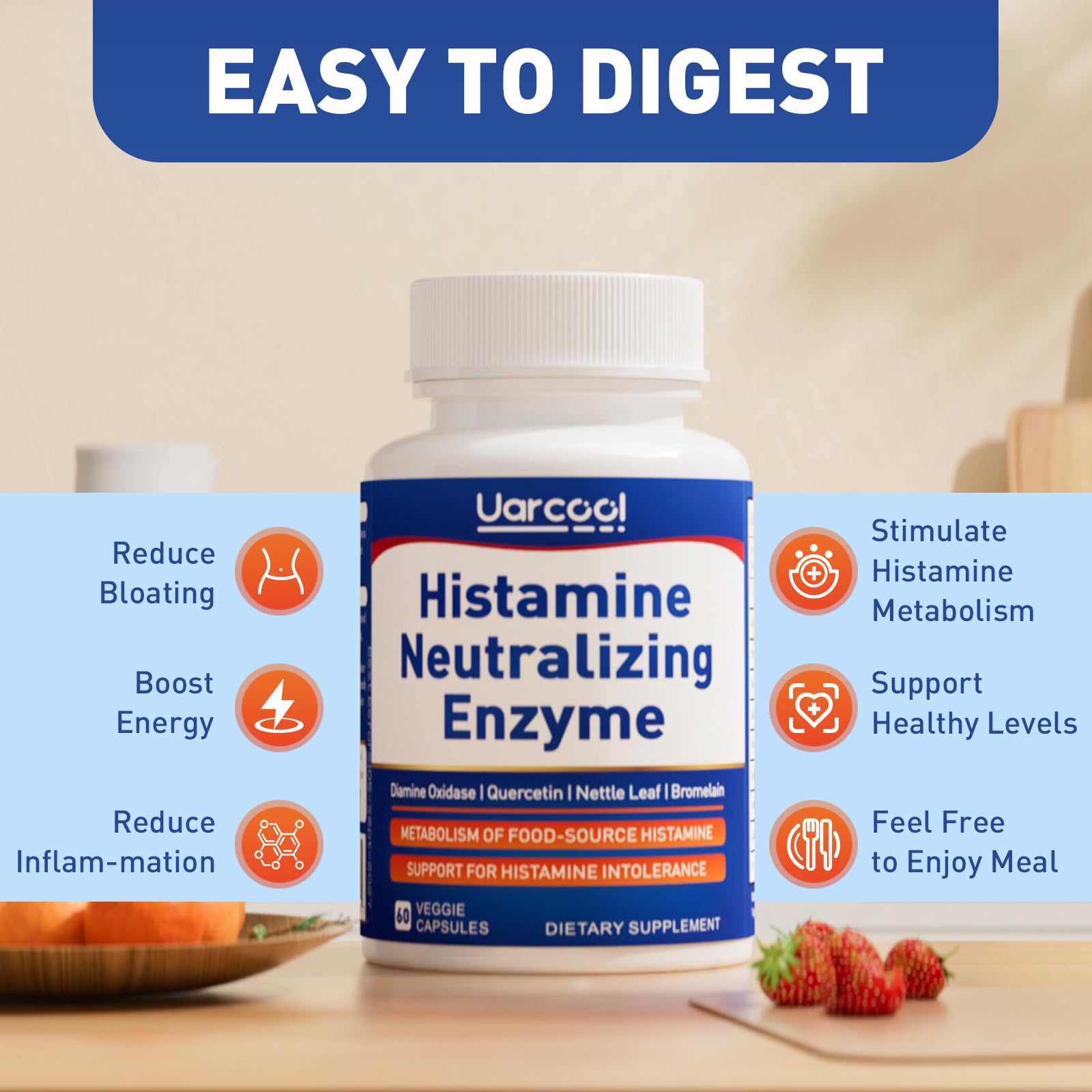 Ingredient list showing Vitamin C, B6, quercetin and bromelain for digestion.