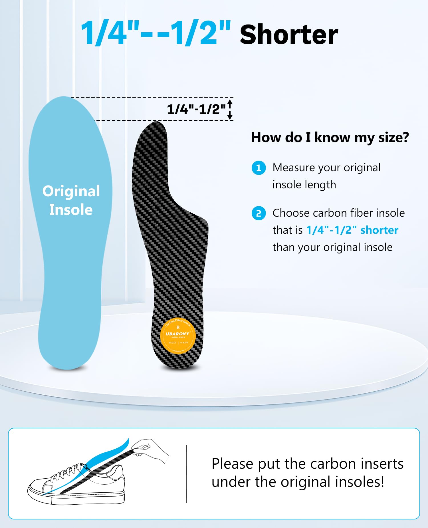 UBARONY carbon fiber insole, side profile, slim rigid support.