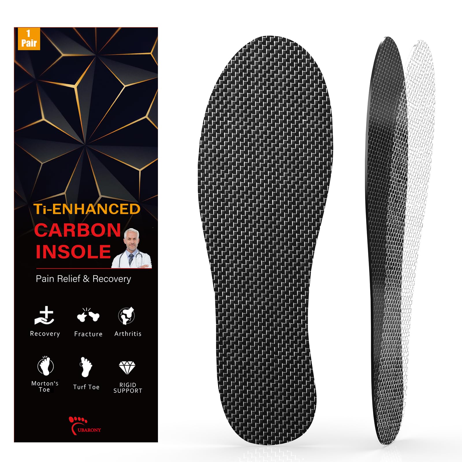 UBARONY carbon fiber insole front view with titanium boost for lightweight sport support