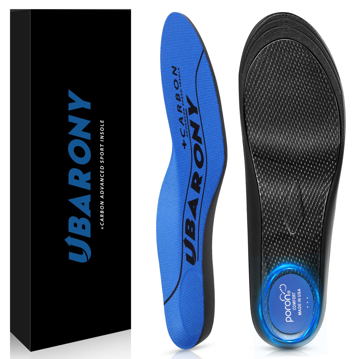 UBARONY performance insoles show carbon fiber arch support for daily comfort and stability.