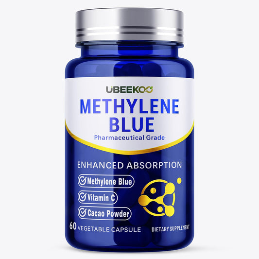 UBEEKOO bottle of 30mg Methylene Blue capsules supports daily balance and vegan wellness.